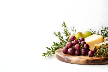 Classic French cheese board beautifully arranged with grapes and wine - refined gastronomy and convivial moments white background