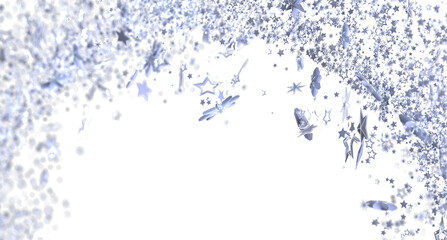Sparkling silver stars and confetti falling on white. Perfect for holidays, celebrations, and festive designs.