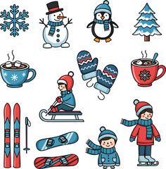 A delightful collection of twelve vibrant cartoon icons representing various winter activities and holiday theme