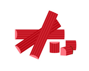 Rhubarb fresh stalks, whole and cut pieces, vector illustration icon