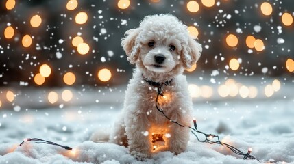 Poodle puppy playing in a snowy winter wonderland with holiday lights