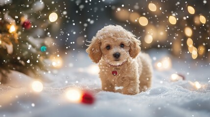 Poodle puppy playing in a snowy winter wonderland with holiday lights