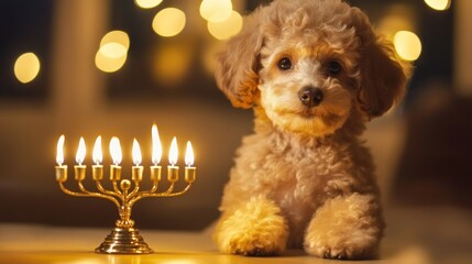 Poodle puppy sitting near a menorah for Hanukkah