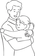 A heartwarming black and white line art illustration depicting a man and a young girl sharing a loving hug.