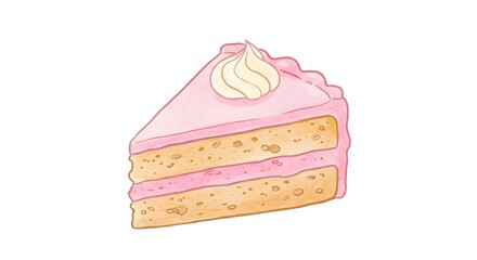 Watercolor Illustration of a Slice of Pink Cake with Whipped Cream