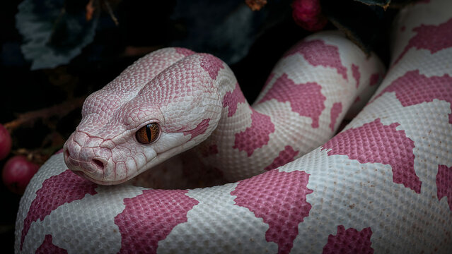 A stunning close-up of a pink and white ball python resting gracefully