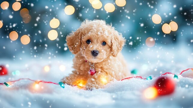 Poodle puppy playing in a snowy winter wonderland with holiday lights - Powered by Adobe