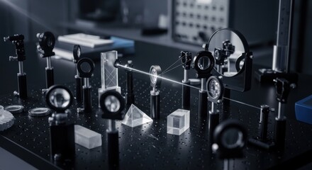 Precision optical equipment setup in a dimly lit laboratory showcasing scientific experimentation and advanced optics