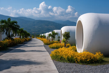 modern eco hotel made of capsule houses surrounded by wellmaintained gardens
