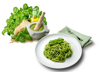 Genoese pesto sauce with mortar and ingredients and plate of linguine