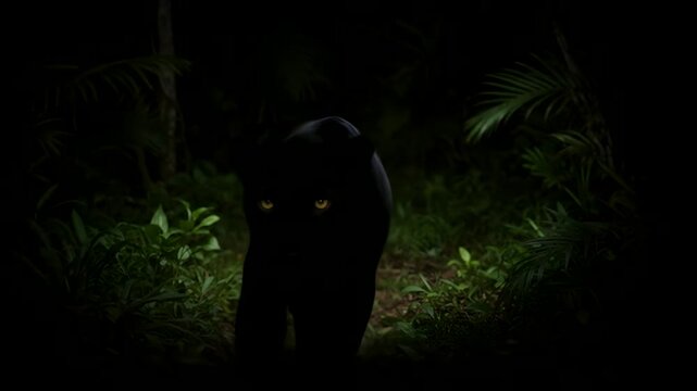 Black panther walking stealthily through jungle at night, mysterious wildlife in darkness