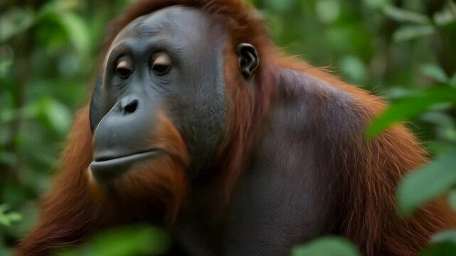 Orangutan close up in tropical rainforest, intelligent primate in natural jungle habitat
