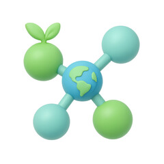 Obraz premium Global Connection and Conservation: A vibrant 3D render showcases a central globe interconnected with budding plant elements, signifying ecological balance and global conservation.