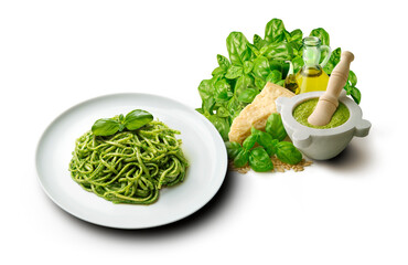 Plate of linguine with Genoese pesto sauce with mortar and ingredients