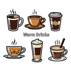  Colorful Warm Drinks and Hot Beverages Icon Set.
