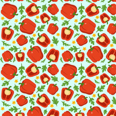 Red Bell Pepper Seamless Pattern with Leaves and Flowers