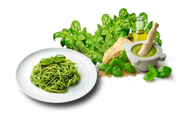 Plate of linguine with Genoese pesto sauce with mortar and ingredients