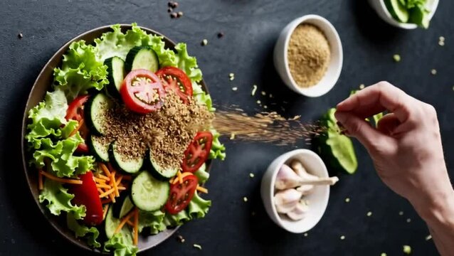  Front view vegetable salad with seasonings and garlic on dark surface food restaurant fresh cuisine lunch diet health