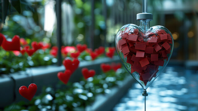 IV bag swirls gently tiny folded love letters, infusing garden space vibrant emotions and memories, surrounded blooming hearts, creating warm atmosphere