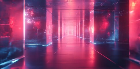 Futuristic Corridor with Neon Lights and Geometric Columns