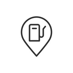Map pin with fuel pump, linear icon. Gas station location. Line with editable stroke.