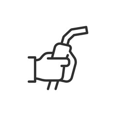 Hand holding fuel nozzle, linear icon. Refueling action. Line with editable stroke.