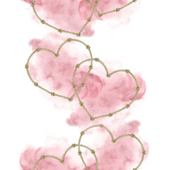 Hearts made of rope with knots on a background of pink watercolor spots. Vertical seamless border. For printing, postcards, packaging, covers, fabric.