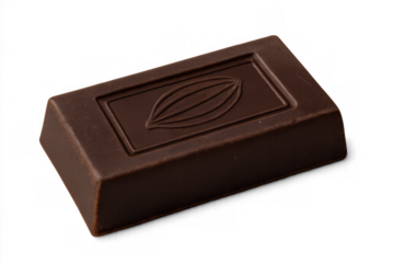 Dark chocolate bar with embossed cocoa bean pattern, lying on minimalist white background, highlighting confectionery artistry