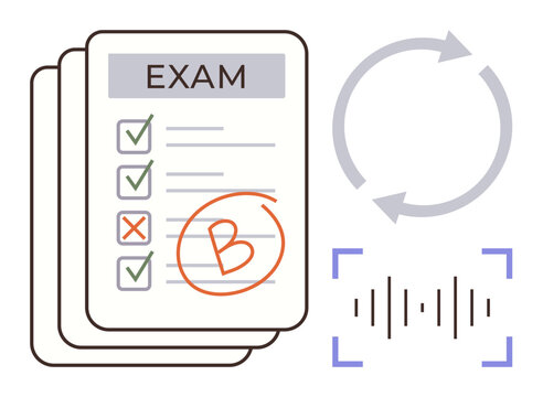 Graded exam papers with answers checked, one marked incorrect surround elements include rotation arrows for review and a waveform, enhancing assessment visuals. Ideal for education, feedback