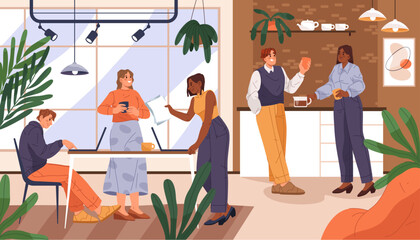 Office interior on work day. Vector coworker day. People at job planning and coffee break. Employee meeting and brainstorming, communication and discussion. Corporate teamwork. Company poster.