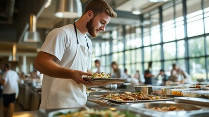 Culinary student prepares dishes during a busy lunch service at a culinary school in a modern kitchen environment