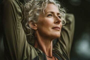 senior woman doing stretching exercises in park, active lifestyle and healthy aging