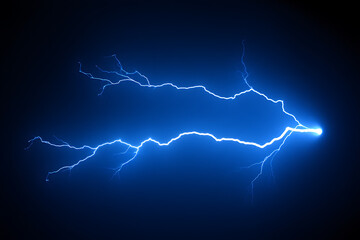 Vibrant blue lightning strike illuminating a dark sky
