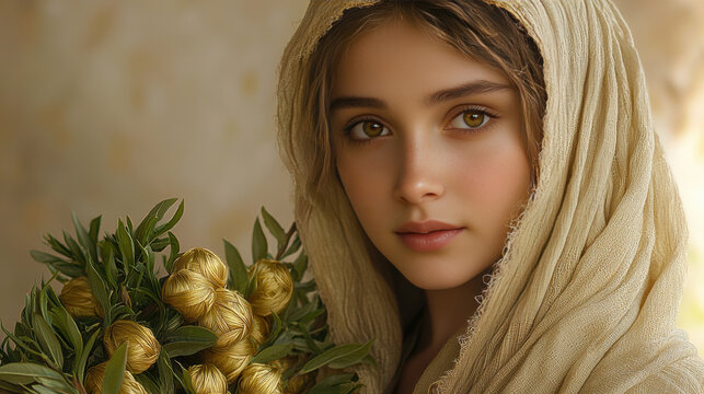 clotho gracefully spins golden thread of life from mystical spindle draped in flowing robes, she embodies purity and destiny against clean white background