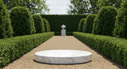 Marble Display Platform in Formal Garden Setting.