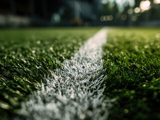 Close-up view of a well-maintained green soccer field, particularly the end zone corner, at sunrisesunset Sharp focus on white chalk lines and vibrant grass Stadium lighting creates - AI-Generated