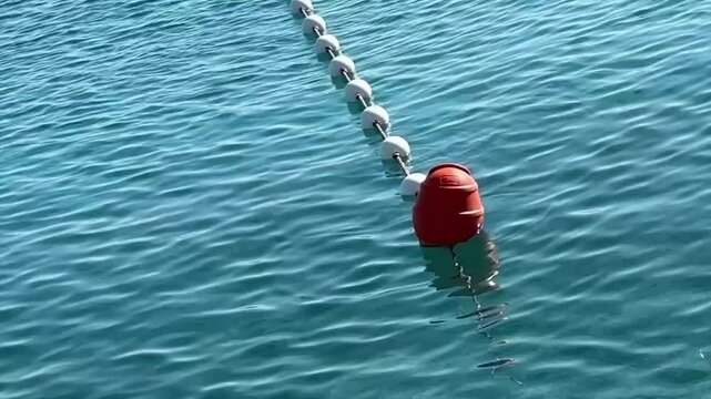 A row of colorful restrictive buoys signals the safe swimming zone in the sea, protecting swimmers from boats and currents. This picturesque scene invites beach lovers to enjoy the water.