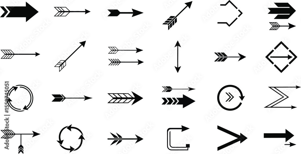 Poster collection of various arrow designs in black and white showing different styles and directions