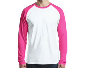 A stylish man wears a white raglan shirt with vibrant pink sleeves, a modern fashion statement perfect for casual wear, transparent background
