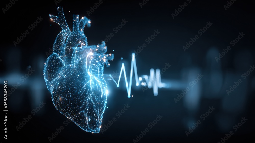 Poster Heartbeat Line Transforms Into Heart Icon Over a Medical Background Showcasing Health Technology in a Modern Setting