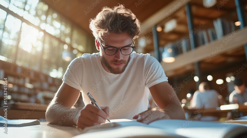 Poster young man studying in a library during late afternoon light while taking notes and concentrating on 