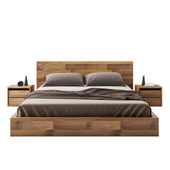 Modern wooden bed with gray bedding and nightstands minimalist bedroom design