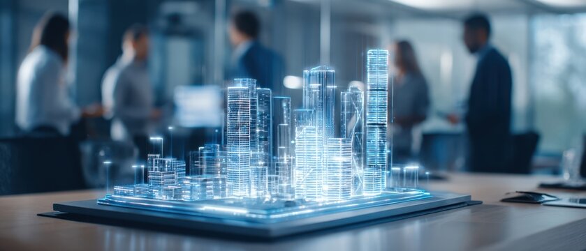 The futuristic holographic model of a city showcased in a modern office setting.