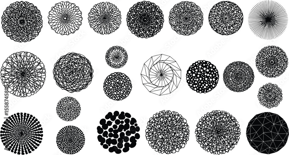 Poster a collection of abstract circular shapes in black and white with varying patterns and densities