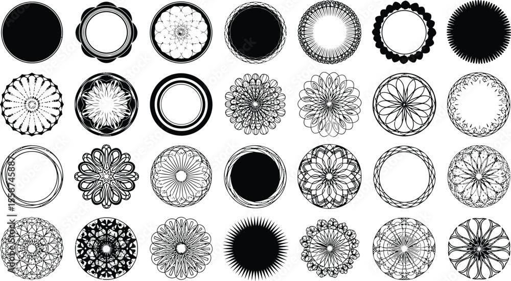 Poster a collection of thirty circular designs featuring various patterns and styles in black and white ton