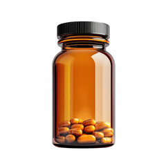 Medicine bottle filled with gel capsules pill vitamins pharmaceutical cure on transparent background