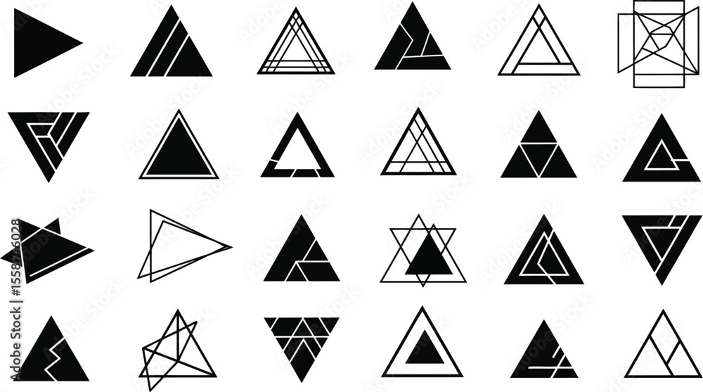 Poster a collection of twenty four unique triangle designs arranged in a rectangular grid pattern on white