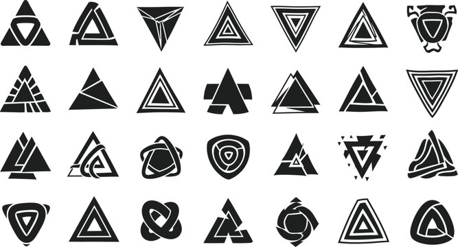 Collection of twenty seven unique black and white triangle designs on a white background surface