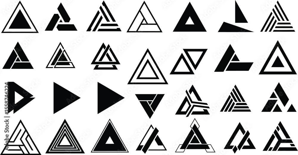 Poster a collection of thirty different black and white triangle designs in a grid pattern on a white backg