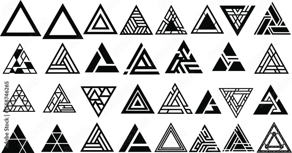 Poster a collection of thirty unique black and white triangle designs arranged in a grid pattern layout